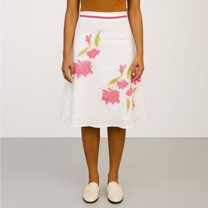 Vintage White A-Line Skirt with Pink Floral Embroidery